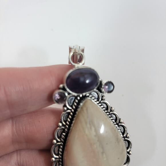 Handmade Silver Pendant with Rainbow Moonstone and Faceted Amethyst Accents - Picture 7 of 10